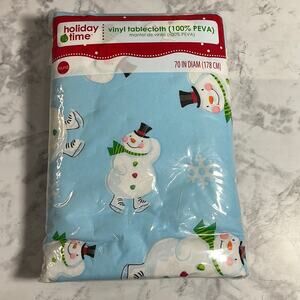 Holiday Time Light Blue Snowmen 70 Inch Round Vinyl Tablecloth